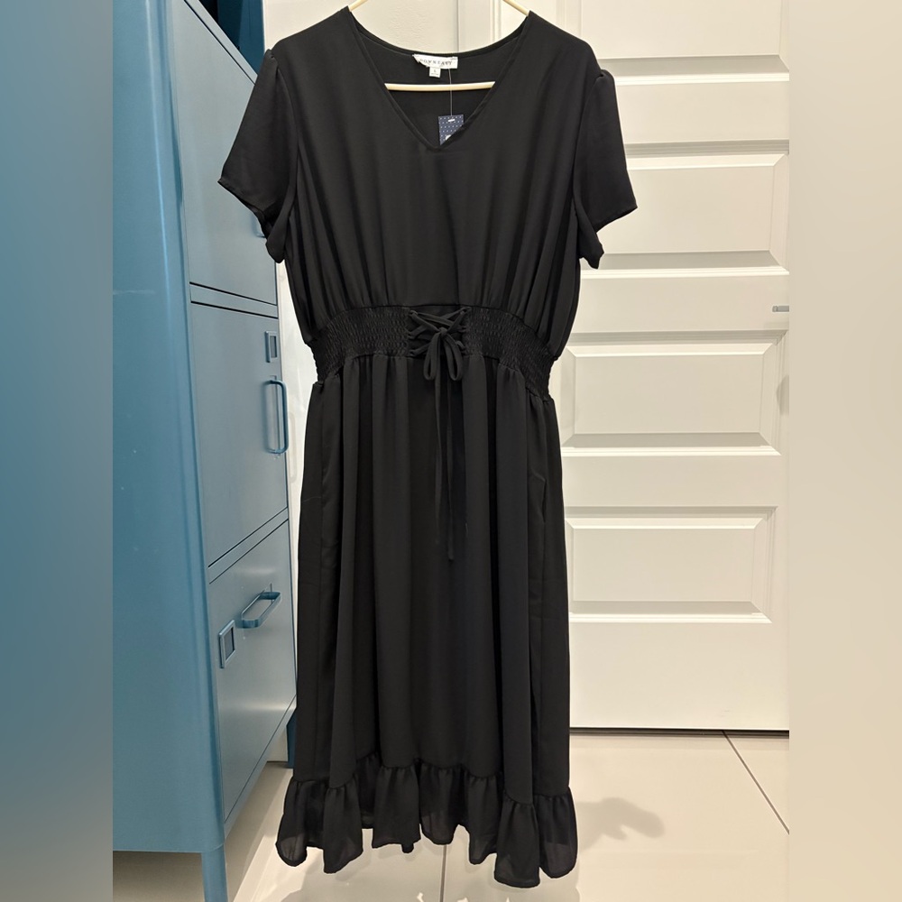 Downeast Smocked Waist Ruffle Hem Dress Black Size L